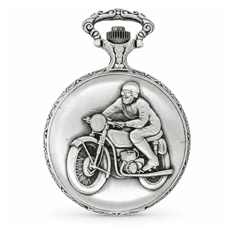 Gents 48mm Pewter Antique Rhodium Plated "Man on Bike" Swiss Quartz Pocket Watch