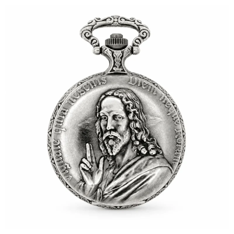 Gents 48mm Pewter Antique Rhodium Plated "St. Christopher" Swiss Quartz Pocket Watch