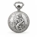 Gents 48mm Pewter Antique Rhodium Plated "St. Christopher" Swiss Quartz Pocket Watch