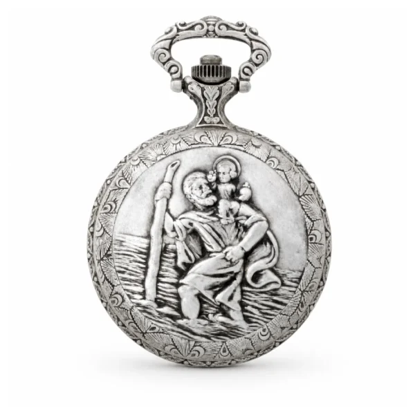 Gents 48mm Pewter Antique Rhodium Plated "St. Christopher" Swiss Quartz Pocket Watch - image 2 Gents 48mm Pewter Antique Rhodium Plated "St. Christopher" Swiss Quartz Pocket Watch
