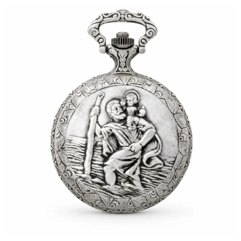 Gents 48mm Pewter Antique Rhodium Plated “St. Christopher” Swiss Quartz Pocket Watch – image 2 Gents 48mm Pewter Antique Rhodium Plated "St. Christopher" Swiss Quartz Pocket Watch