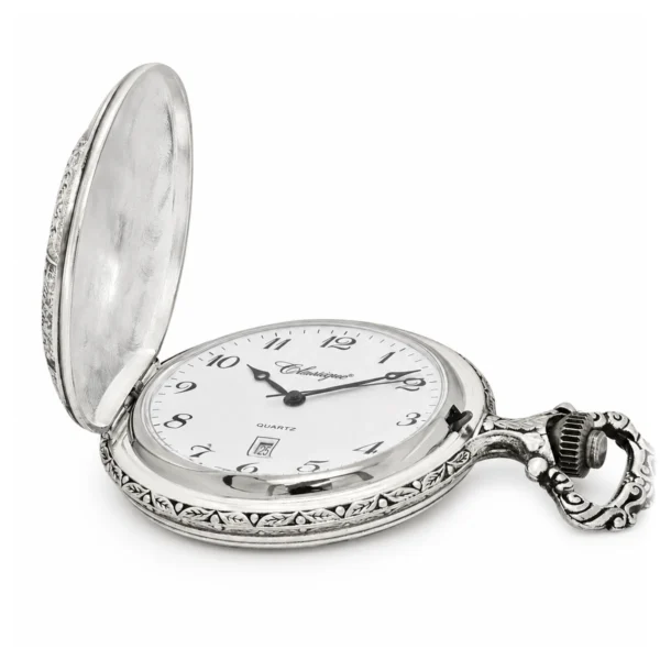 Gents 48mm Pewter Antique Rhodium Plated "St. Christopher" Swiss Quartz Pocket Watch - image 4 Gents 48mm Pewter Antique Rhodium Plated "St. Christopher" Swiss Quartz Pocket Watch