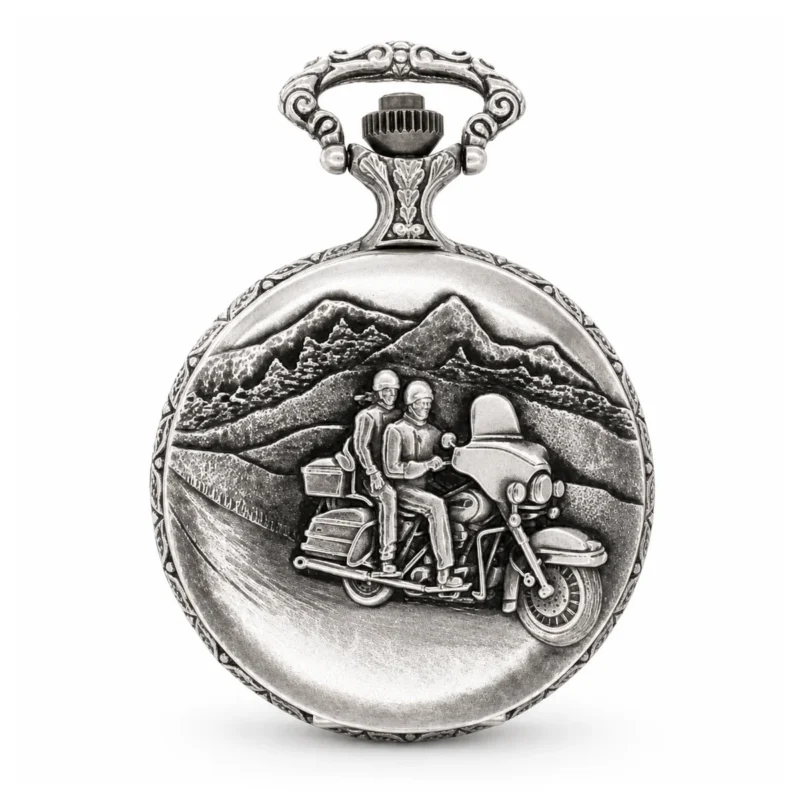 Gents 48mm Pewter Antique Rhodium Plated "Touring Couple" Swiss Quartz Pocket Watch
