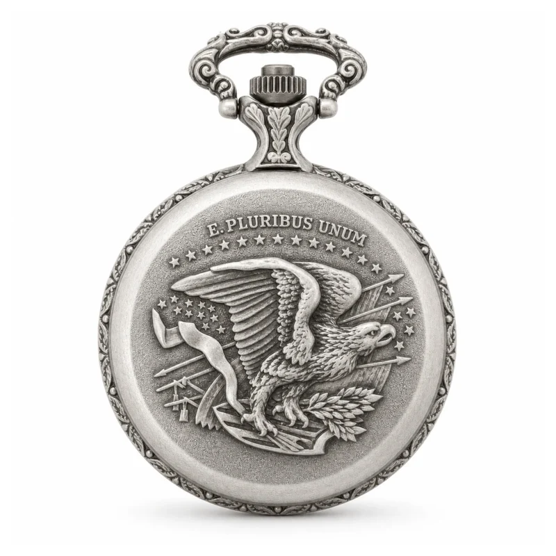 Gents 48mm Pewter Antique Rhodium Plated “Touring Couple” Swiss Quartz Pocket Watch – image 2 Gents 48mm Pewter Antique Rhodium Plated "Touring Couple" Swiss Quartz Pocket Watch