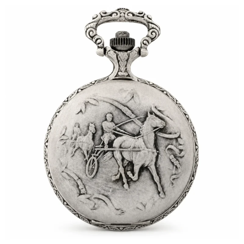 Gents 48mm Pewter Antique Rhodium Plated "Trotter" Swiss Quartz Pocket Watch