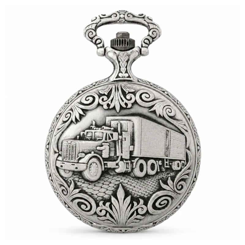 Gents 48mm Pewter Antique Rhodium Plated "Truck" Swiss Quartz Pocket Watch