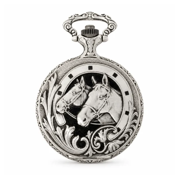 Gents 48mm Pewter Antique Rhodium Plated "Two Horses" Swiss Quartz Pocket Watch - image 1 Gents 48mm Pewter Antique Rhodium Plated "Two Horses" Swiss Quartz Pocket Watch