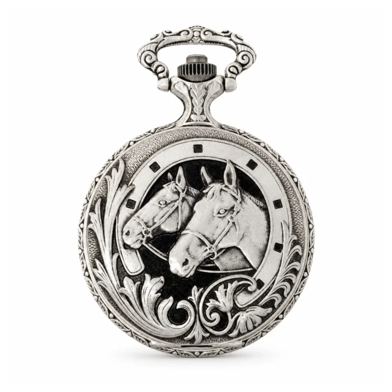Gents 48mm Pewter Antique Rhodium Plated "Two Horses" Swiss Quartz Pocket Watch