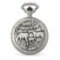 Gents 48mm Pewter Antique Rhodium Plated "Two Horses" Swiss Quartz Pocket Watch