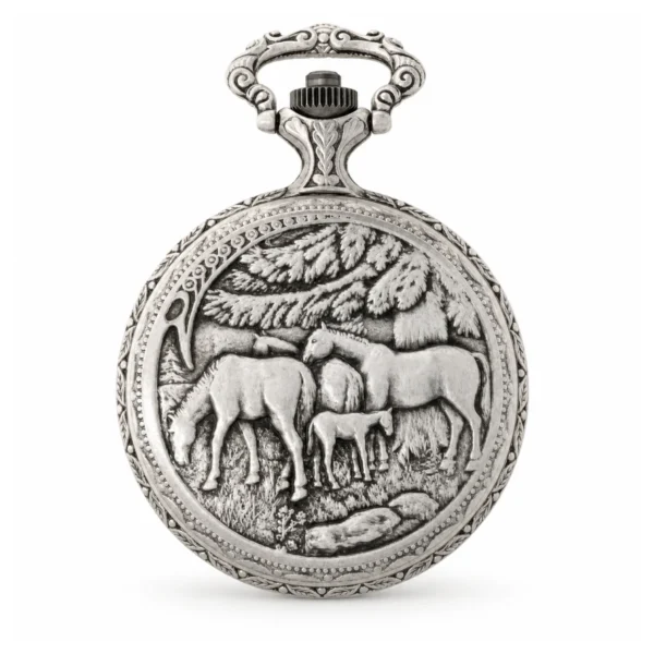 Gents 48mm Pewter Antique Rhodium Plated "Two Horses" Swiss Quartz Pocket Watch - image 2 Gents 48mm Pewter Antique Rhodium Plated "Two Horses" Swiss Quartz Pocket Watch