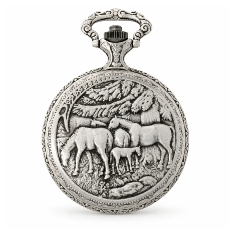 Gents 48mm Pewter Antique Rhodium Plated “Two Horses” Swiss Quartz Pocket Watch – image 2 Gents 48mm Pewter Antique Rhodium Plated "Two Horses" Swiss Quartz Pocket Watch