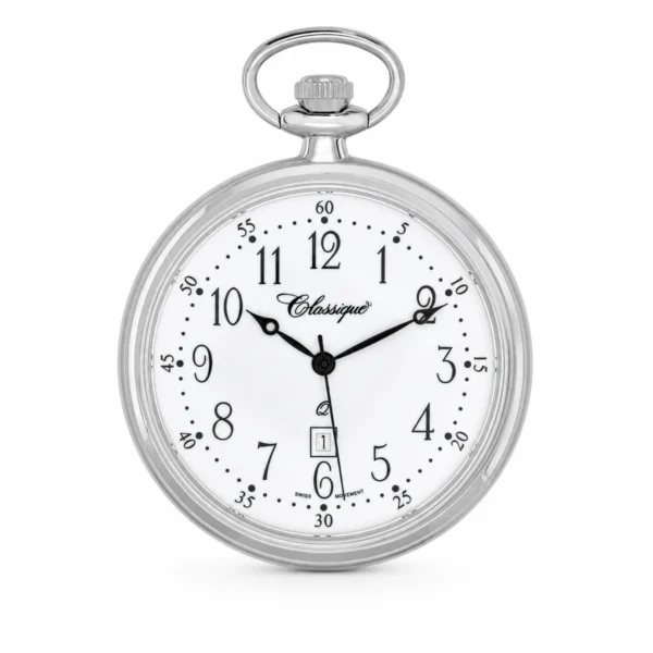 Gents 48mm Rhodium Plated Open Face Swiss Quartz Pocket Watch - image 1 Gents 48mm Rhodium Plated Open Face Swiss Quartz Pocket Watch