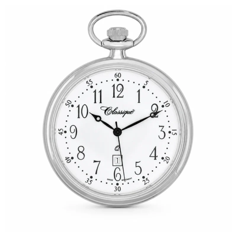 Gents 48mm Rhodium Plated Open Face Swiss Quartz Pocket Watch