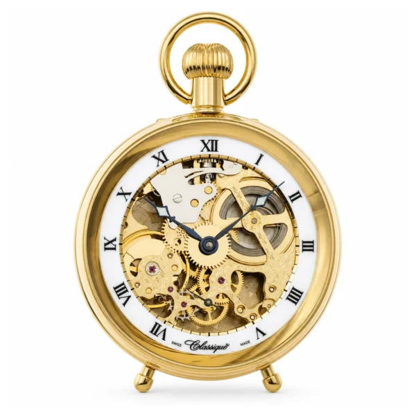 Gents 49mm Gold Plated Open Face Mechanical Swiss Made Skeleton Desktop Pocket Watch - image 1 Gents 49mm Gold Plated Open Face Mechanical Swiss Made Skeleton Desktop Pocket Watch