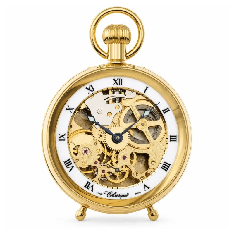 Gents 49mm Gold Plated Open Face Mechanical Swiss Made Skeleton Desktop Pocket Watch