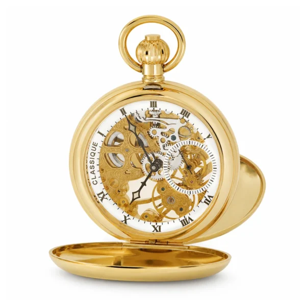 Gents 49mm Gold Plated Skeleton Mechanical Pocket Watch - image 3 Gents 49mm Gold Plated Skeleton Mechanical Pocket Watch