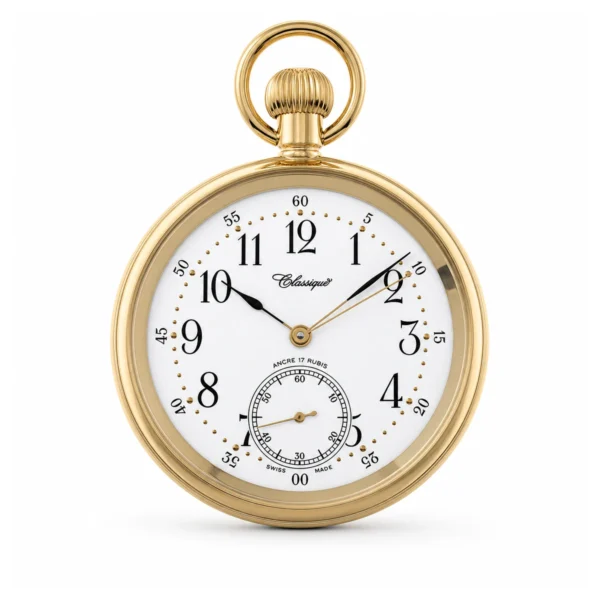 Gents 49mm Gold Plated Stainless Steel Mechanical Open Face Swiss Made Pocket Watch