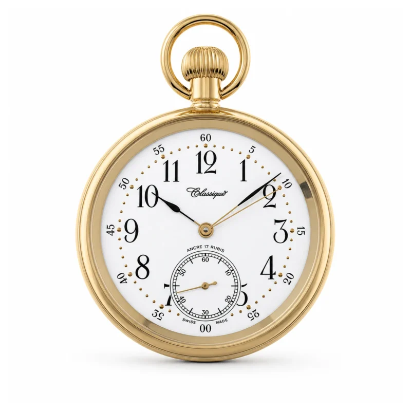 Gents 49mm Gold Plated Stainless Steel Mechanical Open Face Swiss Made Pocket Watch – image 2 Gents 49mm Gold Plated Stainless Steel Mechanical Open Face Swiss Made Pocket Watch