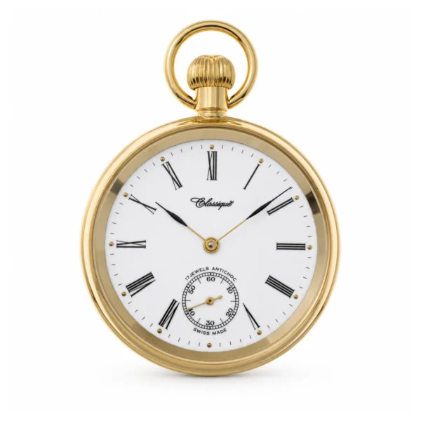 Gents 49mm Gold Plated Stainless Steel Mechanical Open Face Swiss Made Pocket Watch
