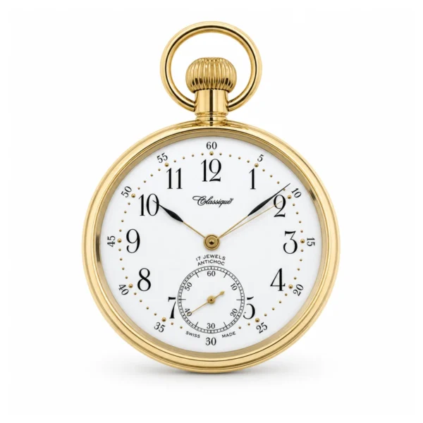 Gents 49mm Gold Plated Stainless Steel Mechanical Open Face Swiss Made Pocket Watch