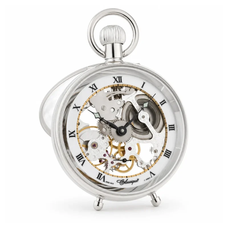 Gents 49mm Palladium Plated Open Face Mechanical Swiss Made Skeleton Desktop Pocket Watch – image 2 Gents 49mm Palladium Plated Open Face Mechanical Swiss Made Skeleton Desktop Pocket Watch