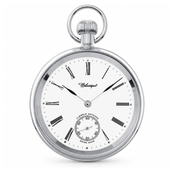 Gents 49mm Stainless Steel Mechanical Open Face Swiss Made Pocket Watch