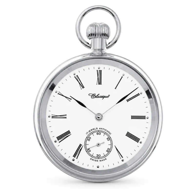 Gents 49mm Stainless Steel Mechanical Open Face Swiss Made Pocket Watch