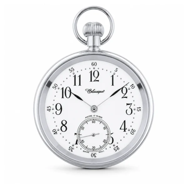 Gents 49mm Stainless Steel Mechanical Open Face Swiss Made Pocket Watch