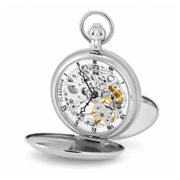 Gents 49mm Rhodium Steel Skeleton Mechanical Pocket Watch - image 1 Gents 49mm Rhodium Steel Skeleton Mechanical Pocket Watch