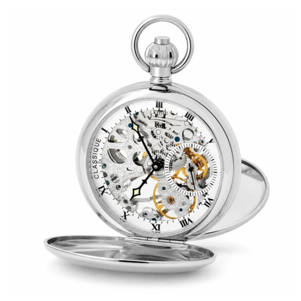 Gents 49mm Stainless Steel Skeleton Mechanical Pocket Watch