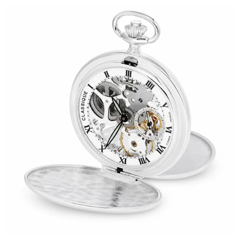 Gents 59mm Sterling Silver Mechanical Skeleton Swiss Made Pocket Watch