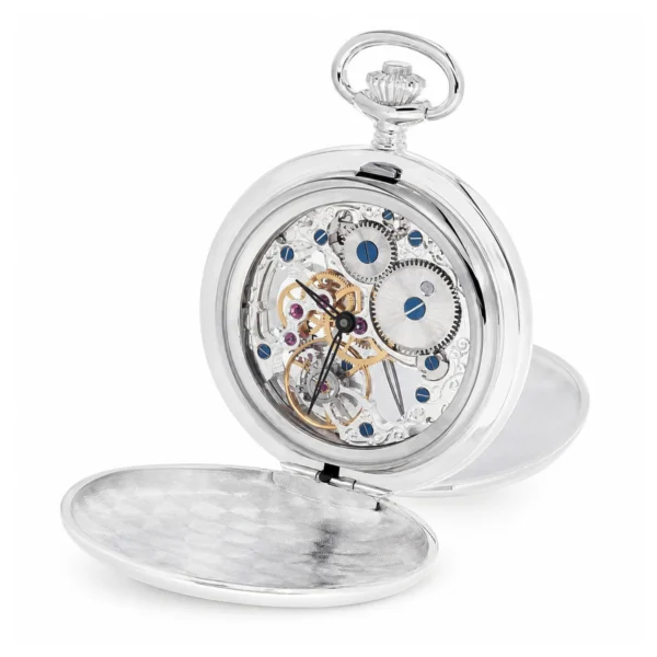 Gents 59mm Sterling Silver Mechanical Skeleton Swiss Made Pocket Watch