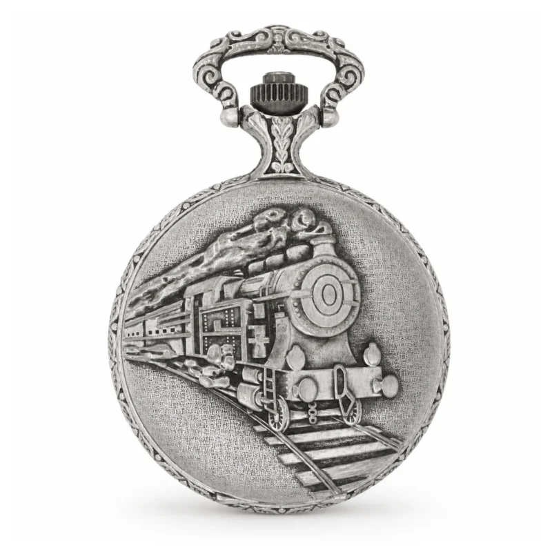Gents 48mm Pewter Antique Rhodium Plated "Train" Swiss Quartz Pocket Watch