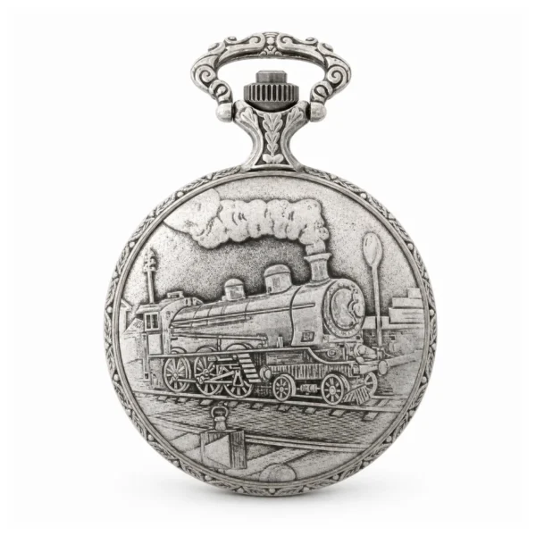 Gents 48mm Pewter Antique Rhodium Plated "Train" Swiss Quartz Pocket Watch - image 2 Gents 48mm Pewter Antique Rhodium Plated "Train" Swiss Quartz Pocket Watch