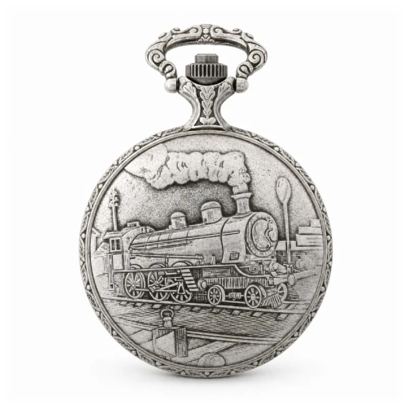 Gents 48mm Pewter Antique Rhodium Plated “Train” Swiss Quartz Pocket Watch – image 2 Gents 48mm Pewter Antique Rhodium Plated "Train" Swiss Quartz Pocket Watch