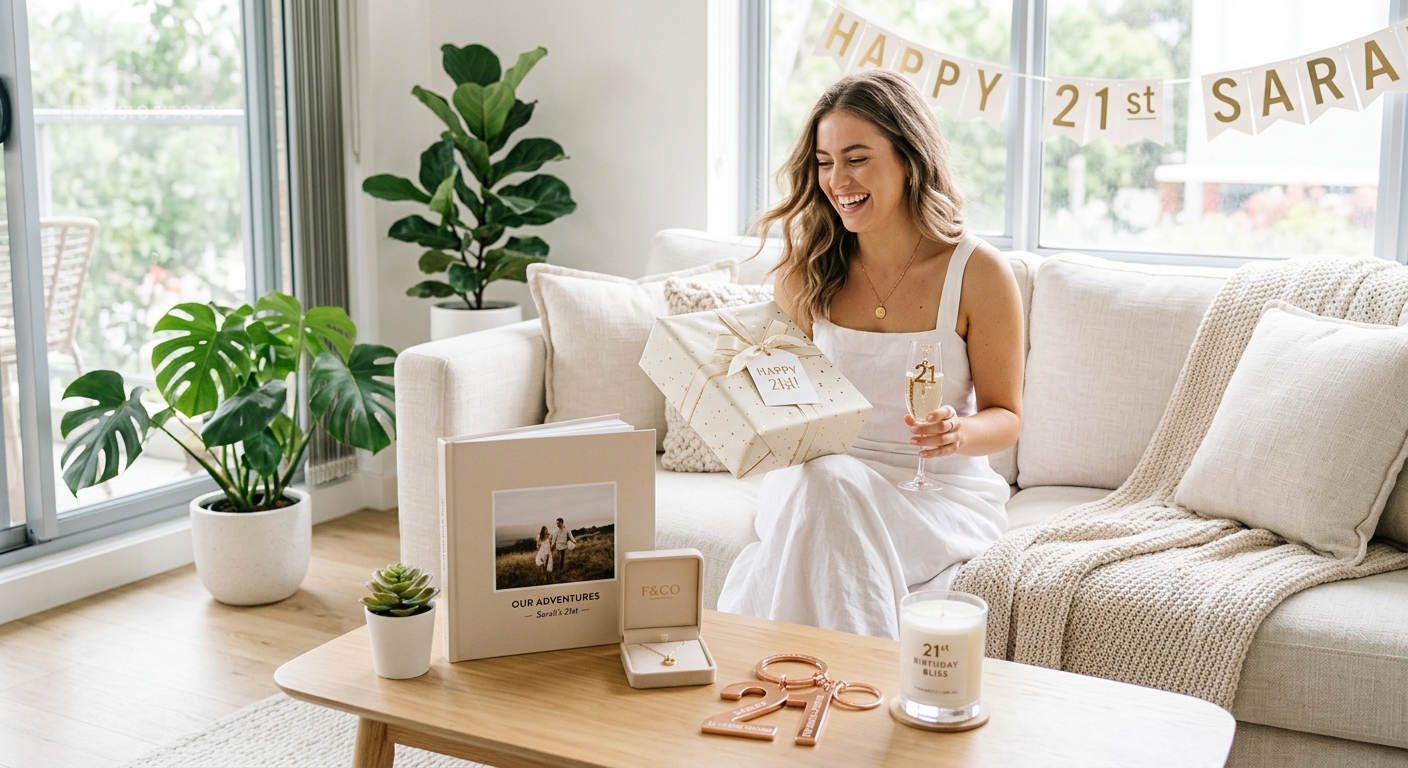 Hero lifestyle shot: 21st Birthday Gifts for in a bright, clean setting, natural light, editorial photography style — fo