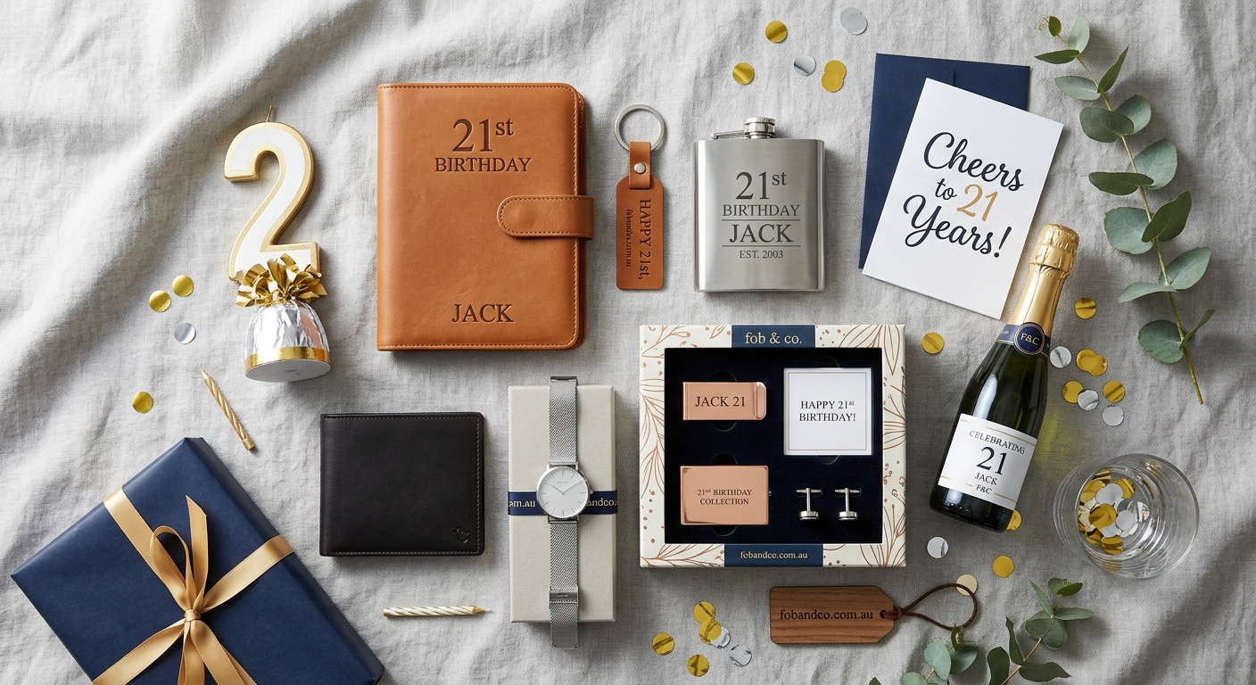 Detail close-up or styled flat-lay of 21st Birthday Gifts for with complementary accessories on a clean surface — for fo
