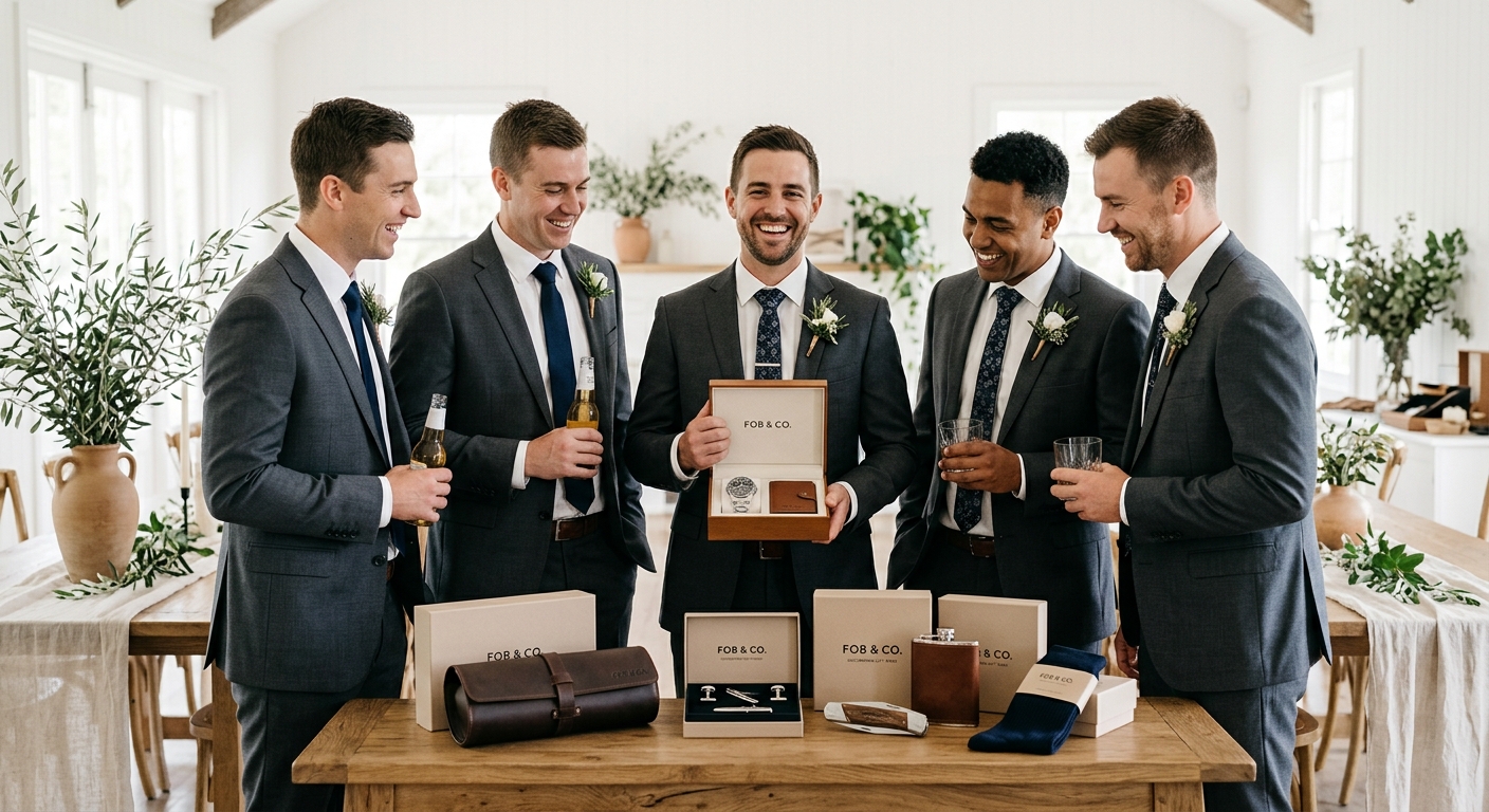 Hero lifestyle shot: Groomsmen Gift Ideas Under in a bright, clean setting, natural light, editorial photography style —