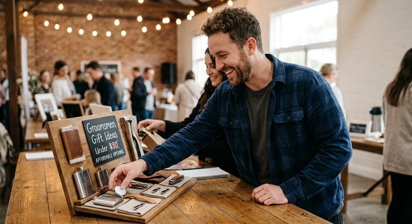 Mid-article supporting image: person interacting with or selecting Groomsmen Gift Ideas Under, warm authentic moment — f