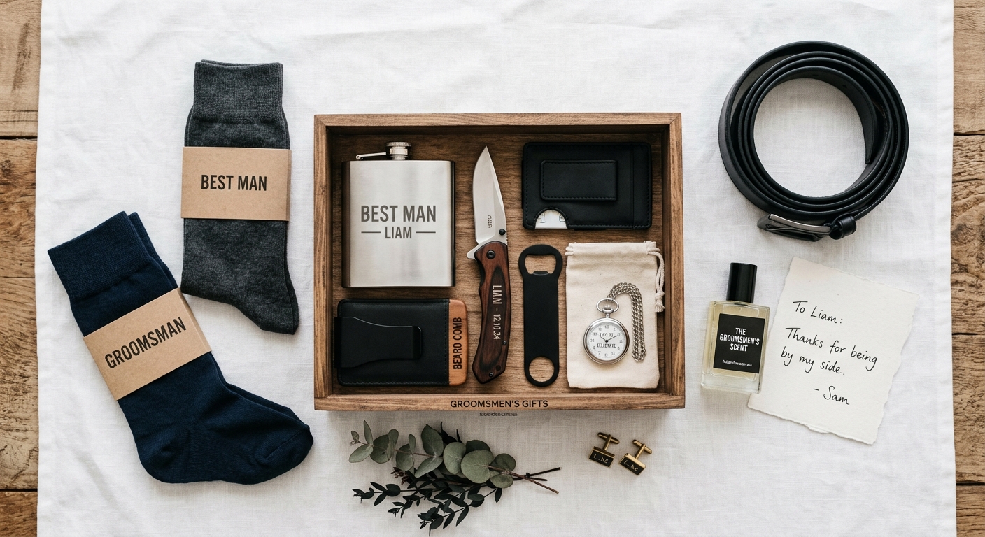 Detail close-up or styled flat-lay of Groomsmen Gift Ideas Under with complementary accessories on a clean surface — for