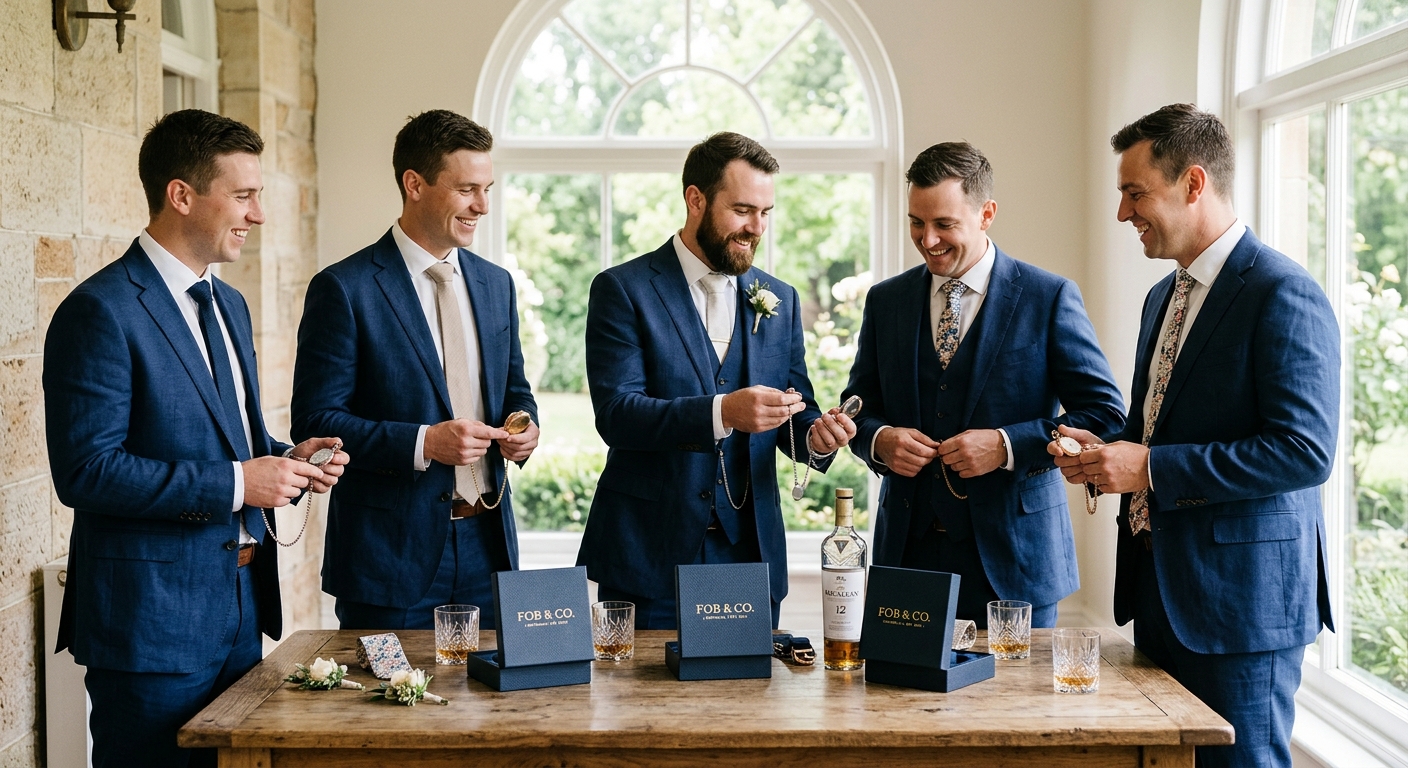 Hero lifestyle shot: Pocket Watches for Groomsmen in a bright, clean setting, natural light, editorial photography style