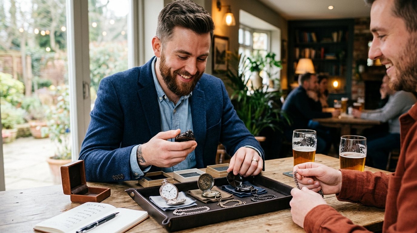 Mid-article supporting image: person interacting with or selecting Pocket Watches for Groomsmen, warm authentic moment —