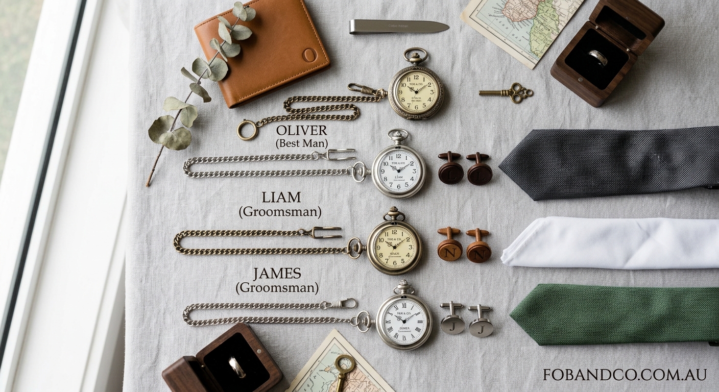 Detail close-up or styled flat-lay of Pocket Watches for Groomsmen with complementary accessories on a clean surface — f