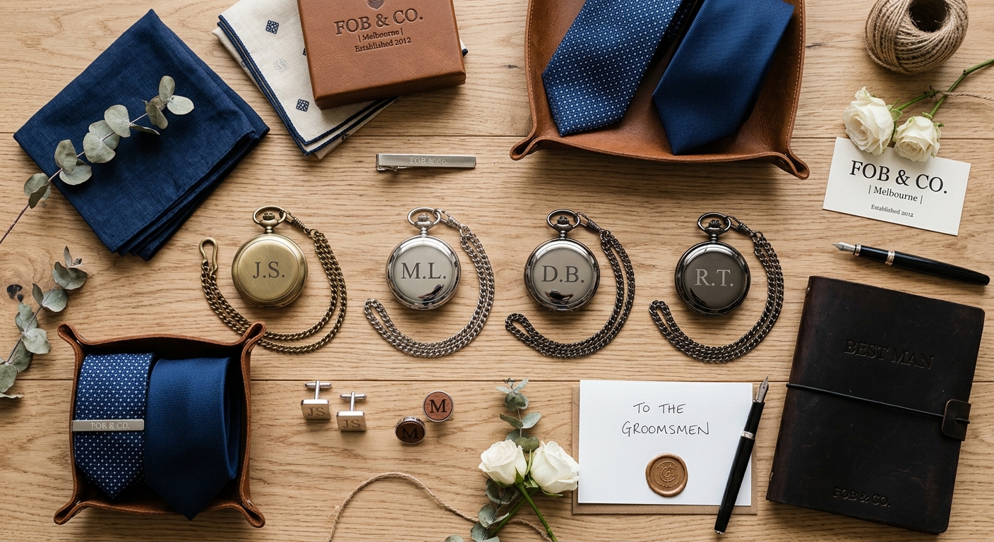 Detail close-up or styled flat-lay of Pocket Watches for Groomsmen with complementary accessories on a clean surface — f