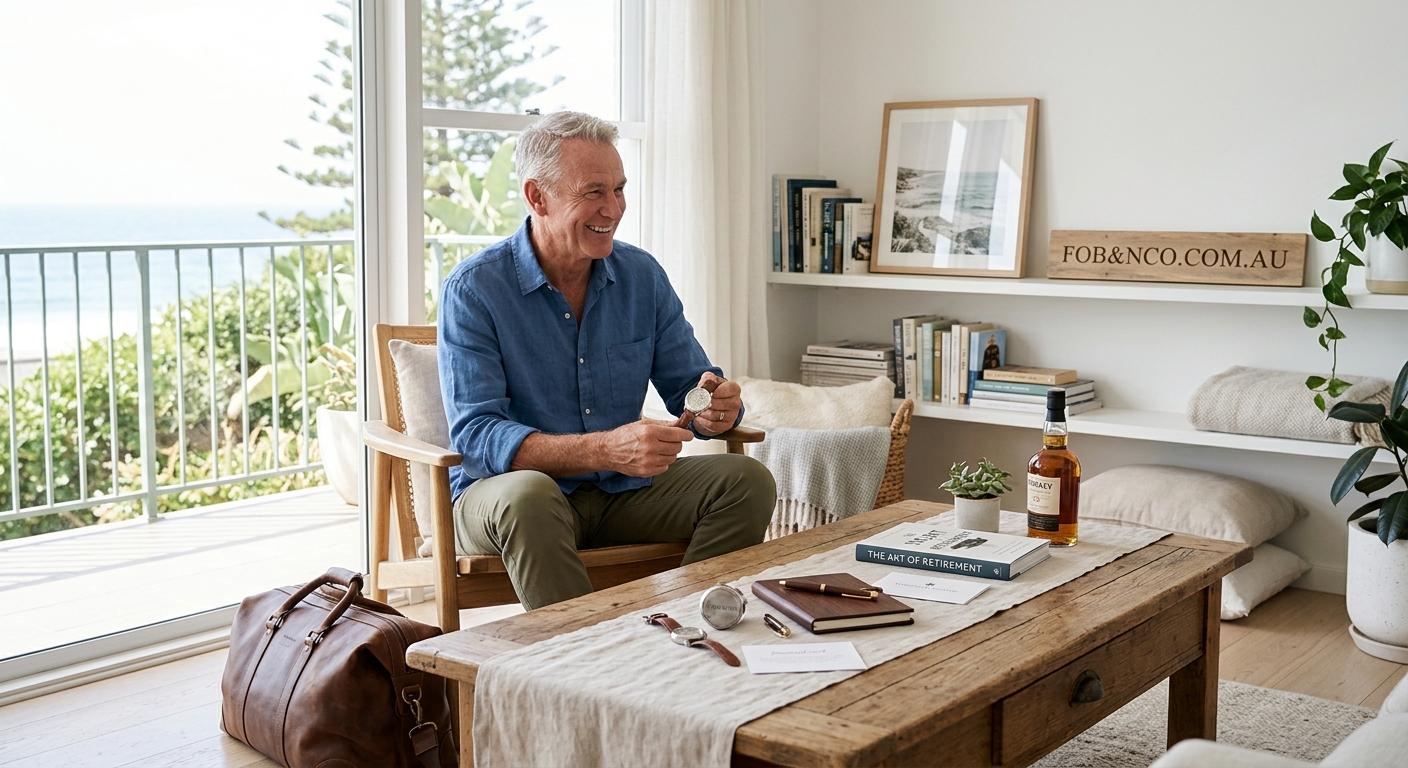 Hero lifestyle shot: Retirement Gifts for Men: in a bright, clean setting, natural light, editorial photography style —