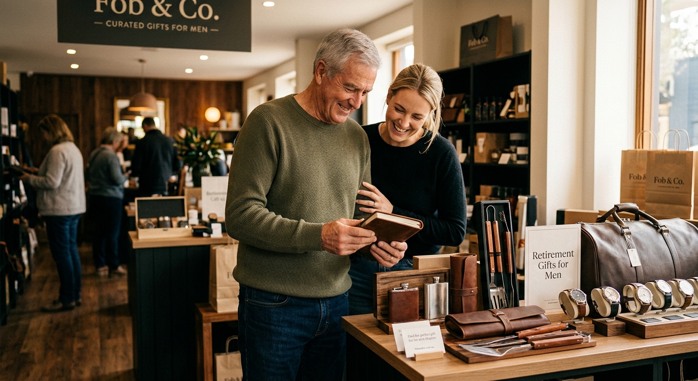 Mid-article supporting image: person interacting with or selecting Retirement Gifts for Men:, warm authentic moment — fo