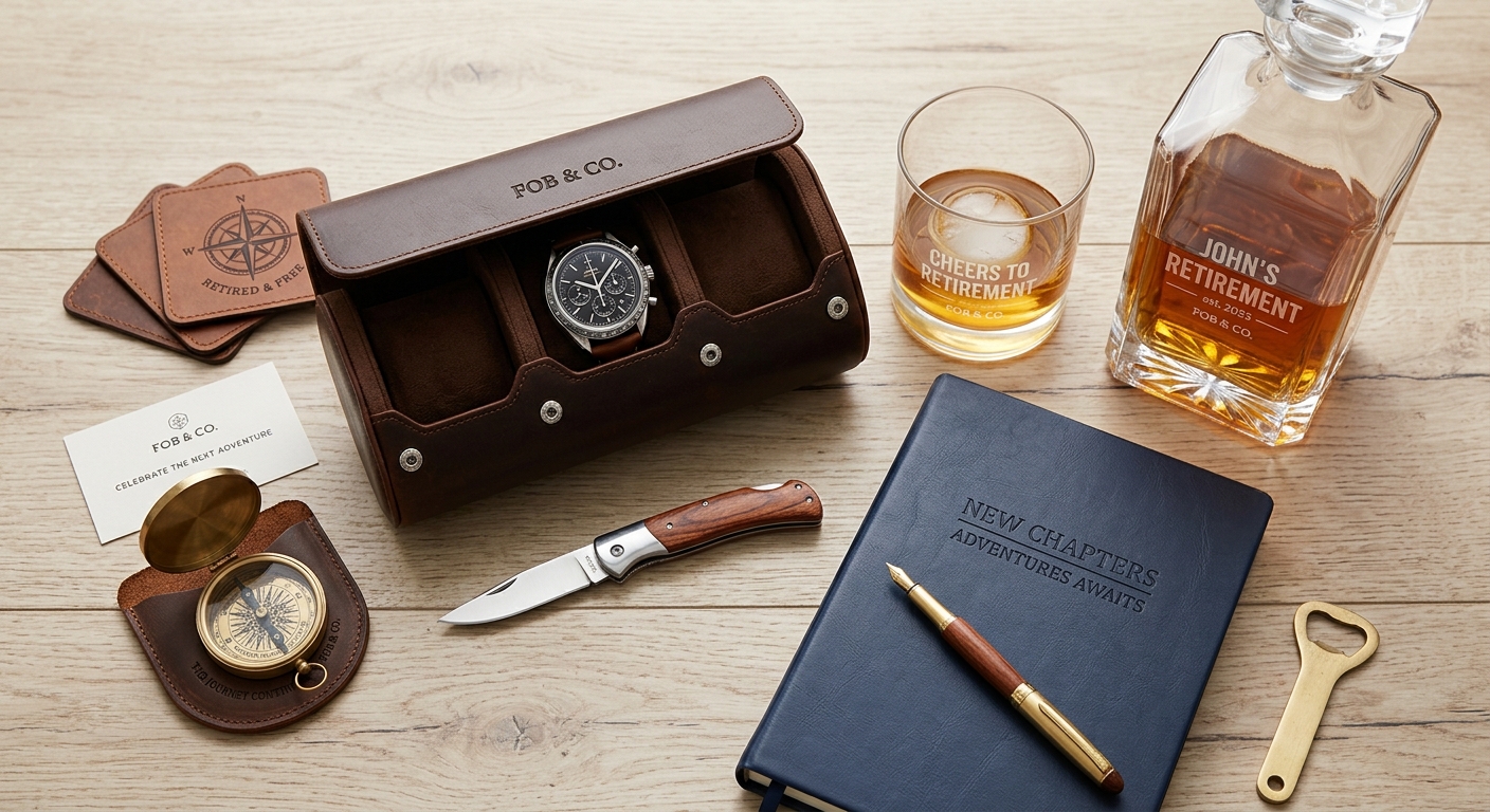 Detail close-up or styled flat-lay of Retirement Gifts for Men: with complementary accessories on a clean surface — for
