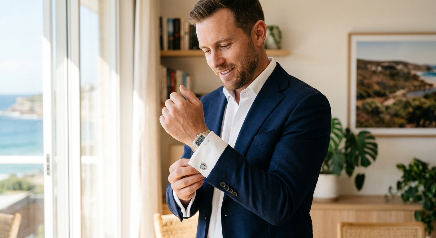 Hero lifestyle shot: Cufflinks for Australian Men: in a bright, clean setting, natural light, editorial photography styl