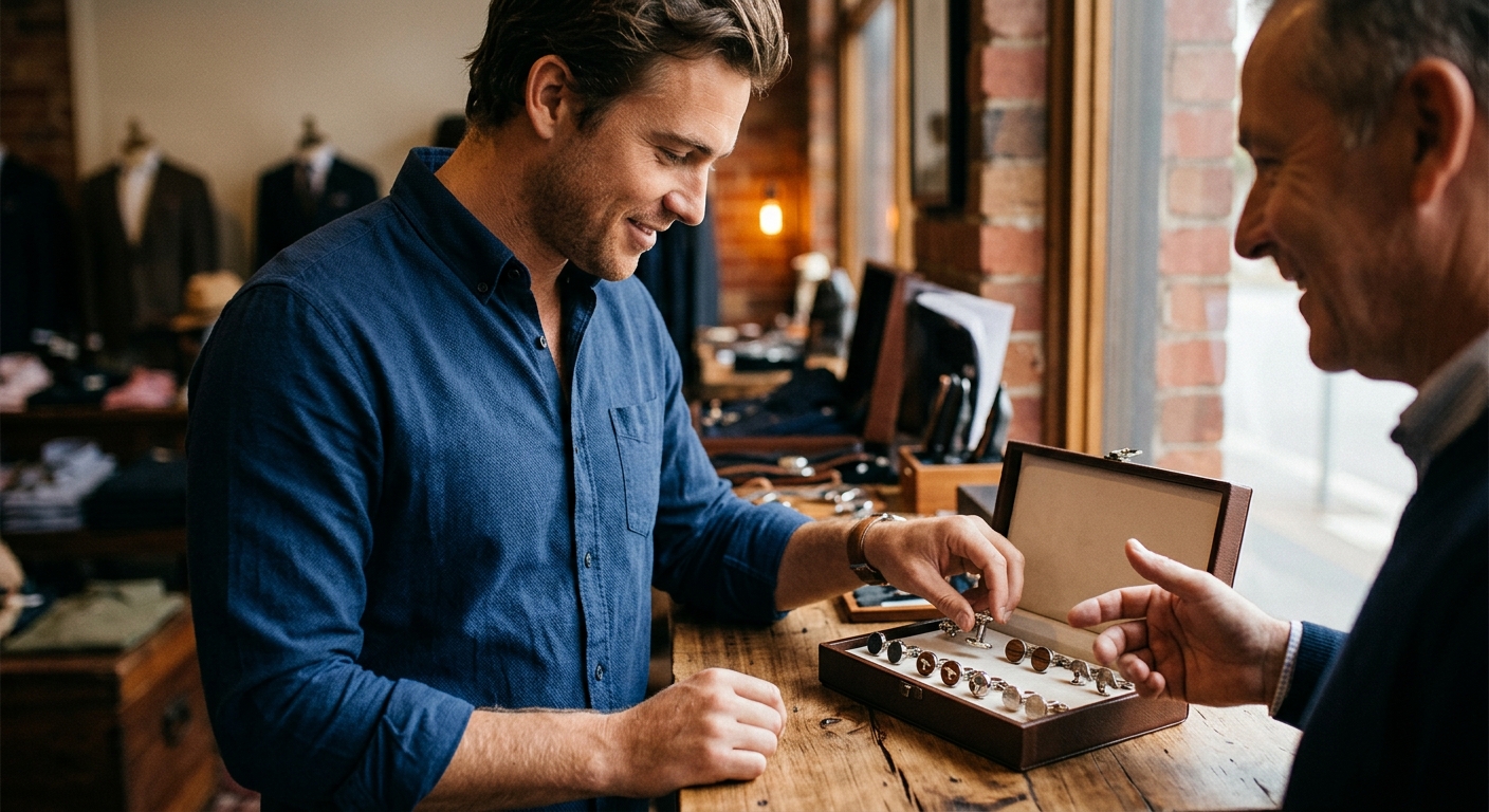 Mid-article supporting image: person interacting with or selecting Cufflinks for Australian Men:, warm authentic moment