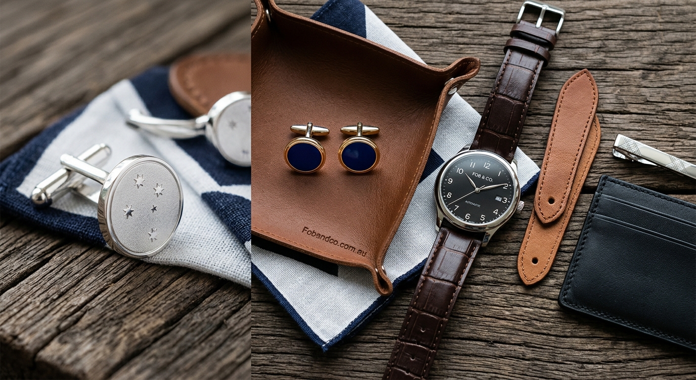 Detail close-up or styled flat-lay of Cufflinks for Australian Men: with complementary accessories on a clean surface —
